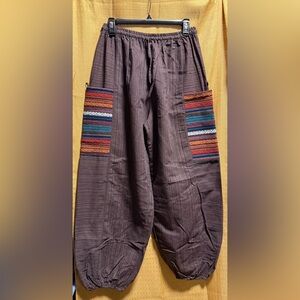 Women's Brown Cargo Harem Pants with Tribal Side Panels